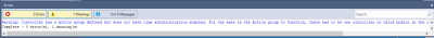 Error window with warning text stating, “Warning: Controller has a motion group defined but does not have time synchronization enabled. For the axes in the motion group to function, there has to be one controller or valid module in the local backplane configured to be the CST master.”